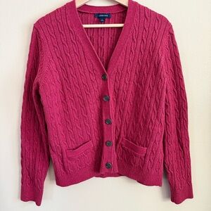 Lands’ End Cable Knit Cardigan Sweater Pink Cotton Button Front